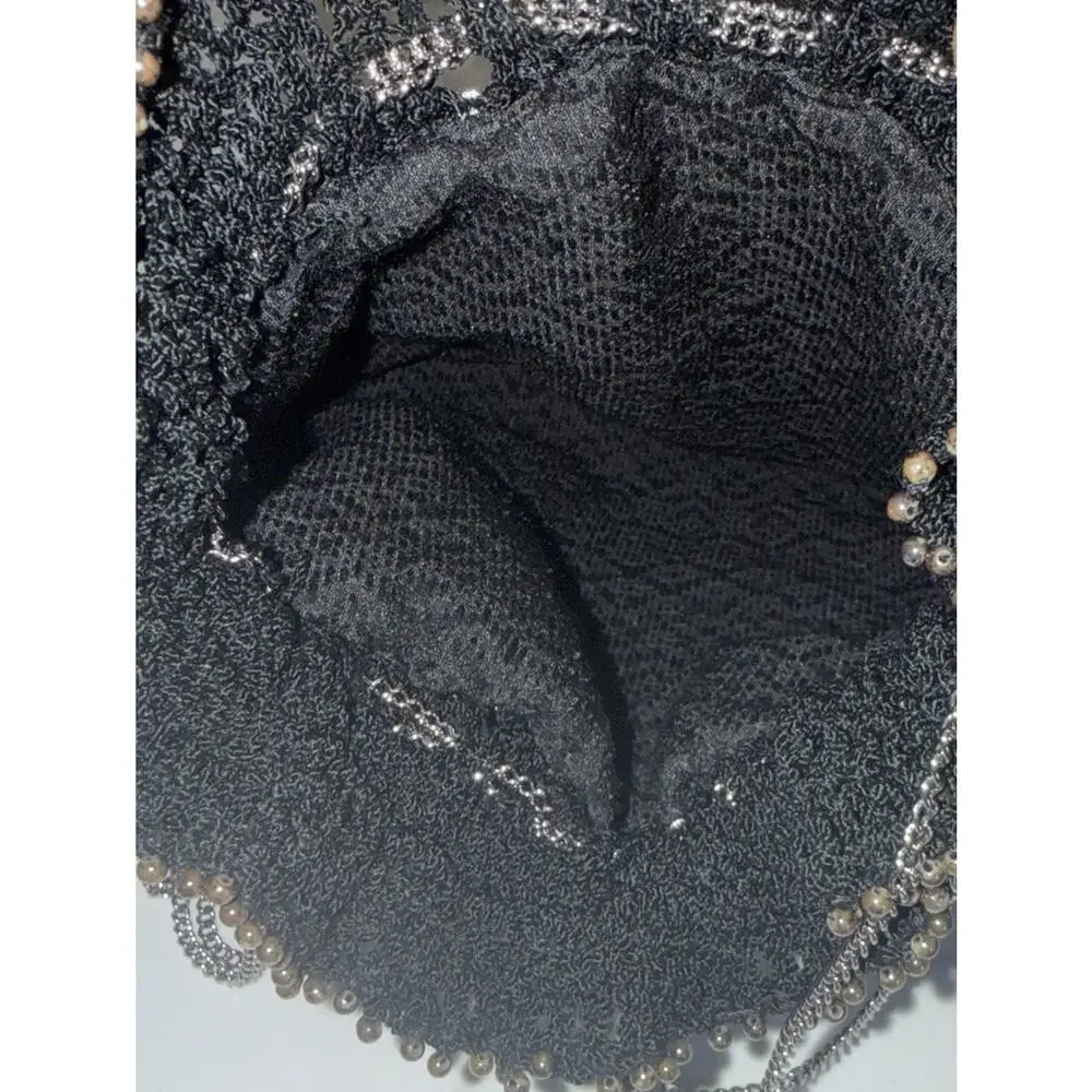 Vintage Black Cinch crochet Knit Handbag Silver Chain Hand Strap Jeweled 10x8”